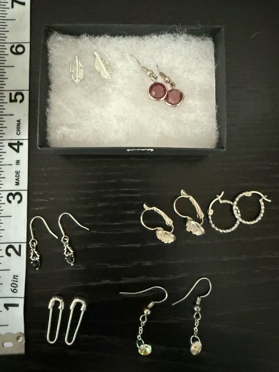 Jewelry - Small shop jewelry, 7 pairs of earrings and small ceramic container.